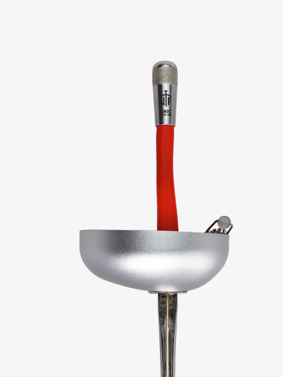 Unic Epee FIE French Grip close-up showing red French grip, silver guard, socket, and blade