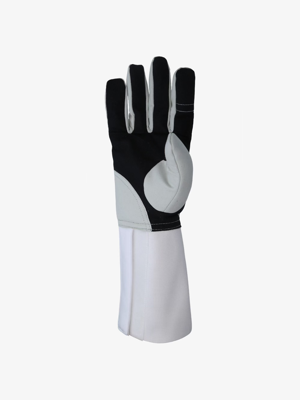Ferre Fencing Glove palm view with black grip surface, white padding, and long white cuff