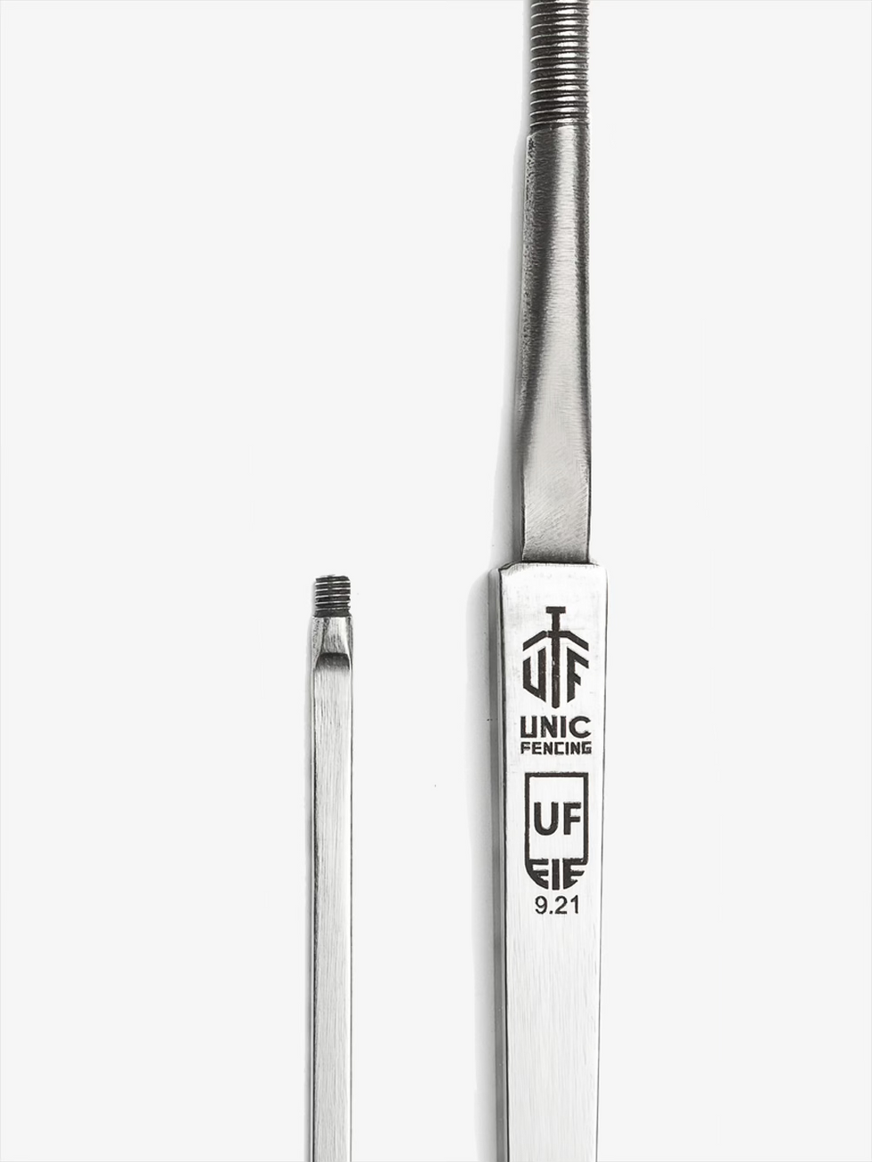 Unic Foil FIE Blade close-up showing tang, Unic FIE stamp, threaded tip, and maraging steel finish