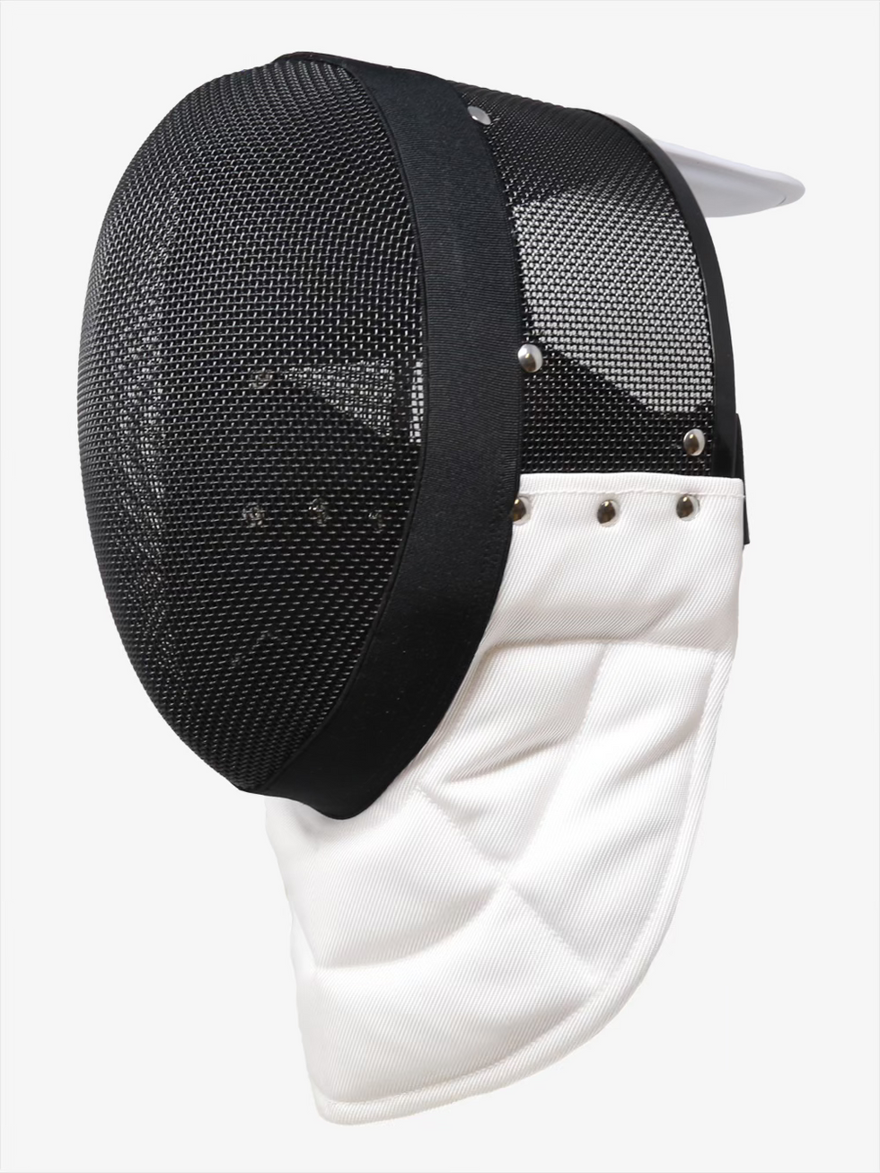 Ferre Epee Inox Mask rear side view showing black stainless steel mesh, rivets, black trim, and white bib