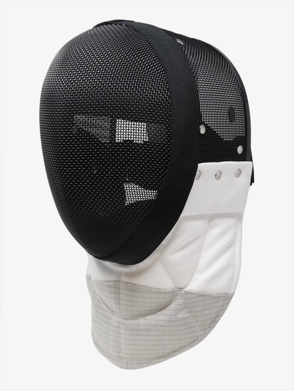Ferre Foil Inox Mask rear side view showing black stainless steel mesh, rivets, black trim, and white