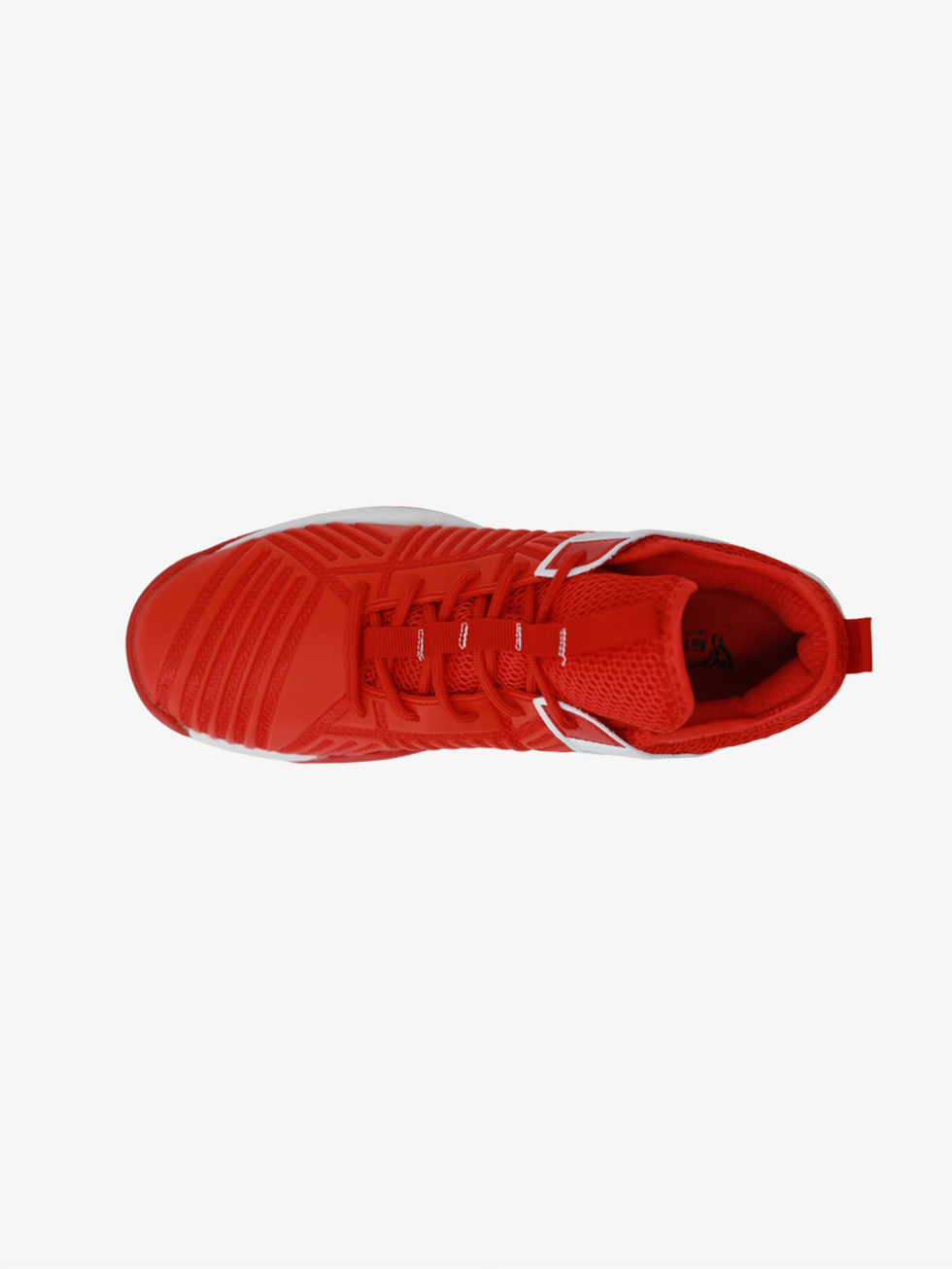 Fencing Shoes top view with red laces, padded collar, mesh tongue, and reinforced toe area