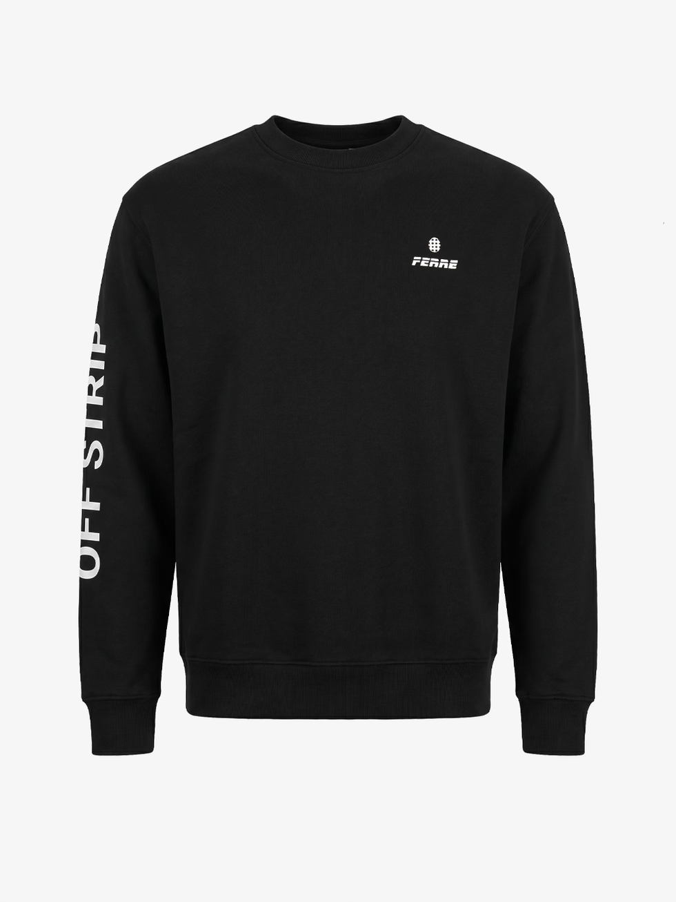 Sweatshirt OFF STRIP black relaxed-fit crewneck sweatshirt front view with Ferre logo and sleeve text