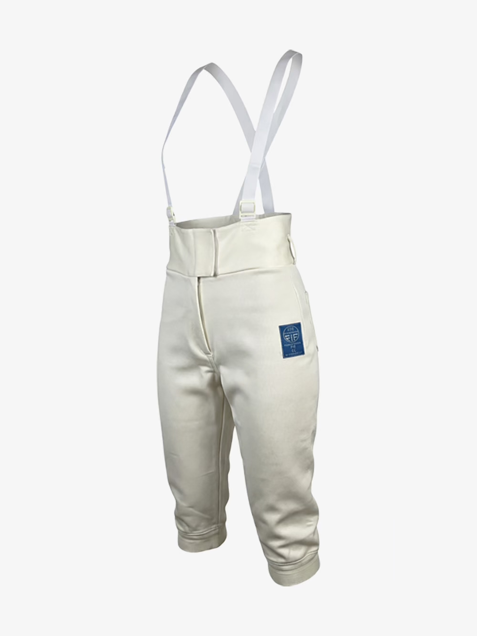 OK Fencing FIE Uniform Pro white 800N fencing breeches with suspenders and blue FIE label