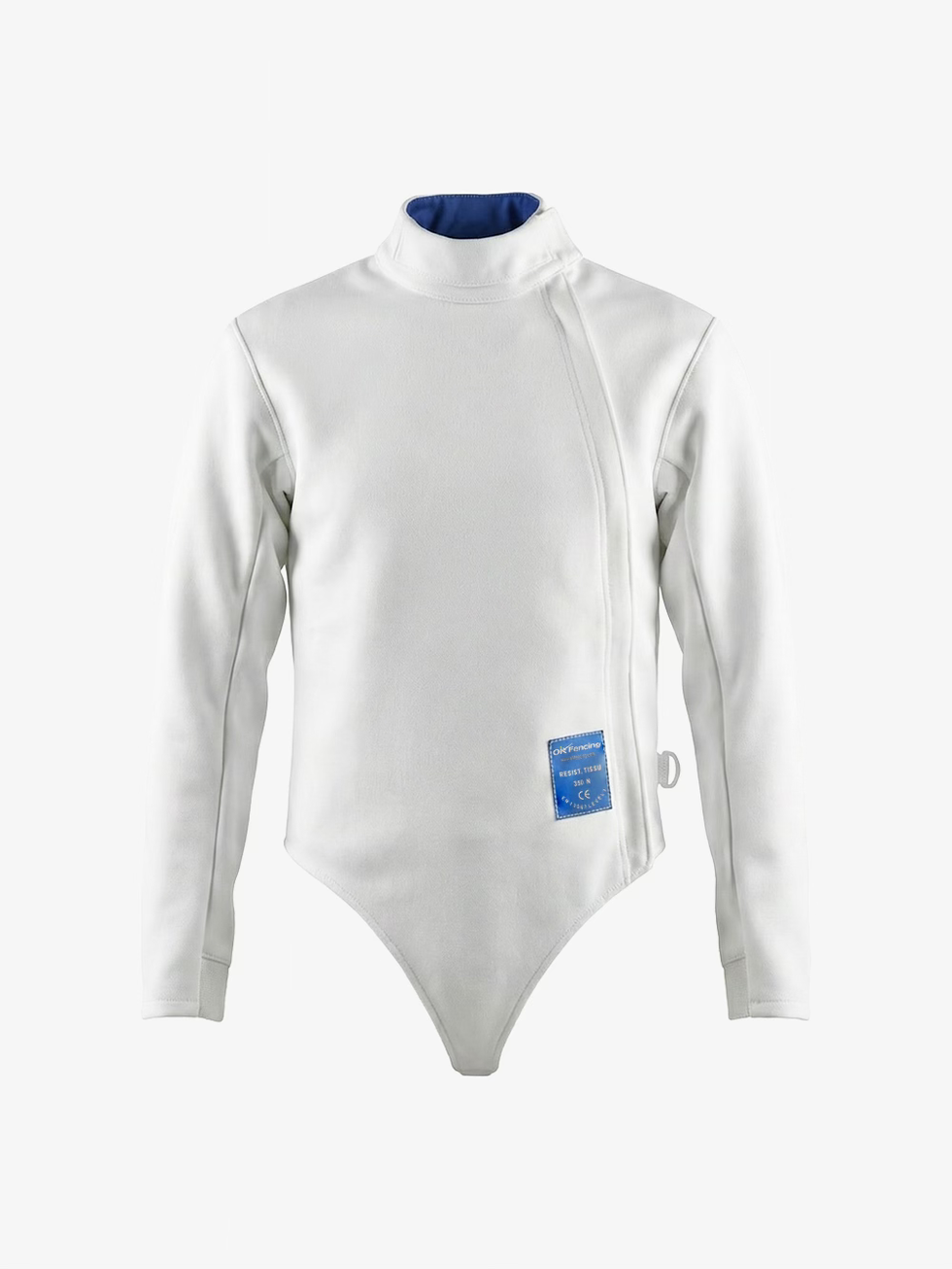 OK Fencing Kids Jacket 350N front view with white protective fabric, blue collar lining, and front label