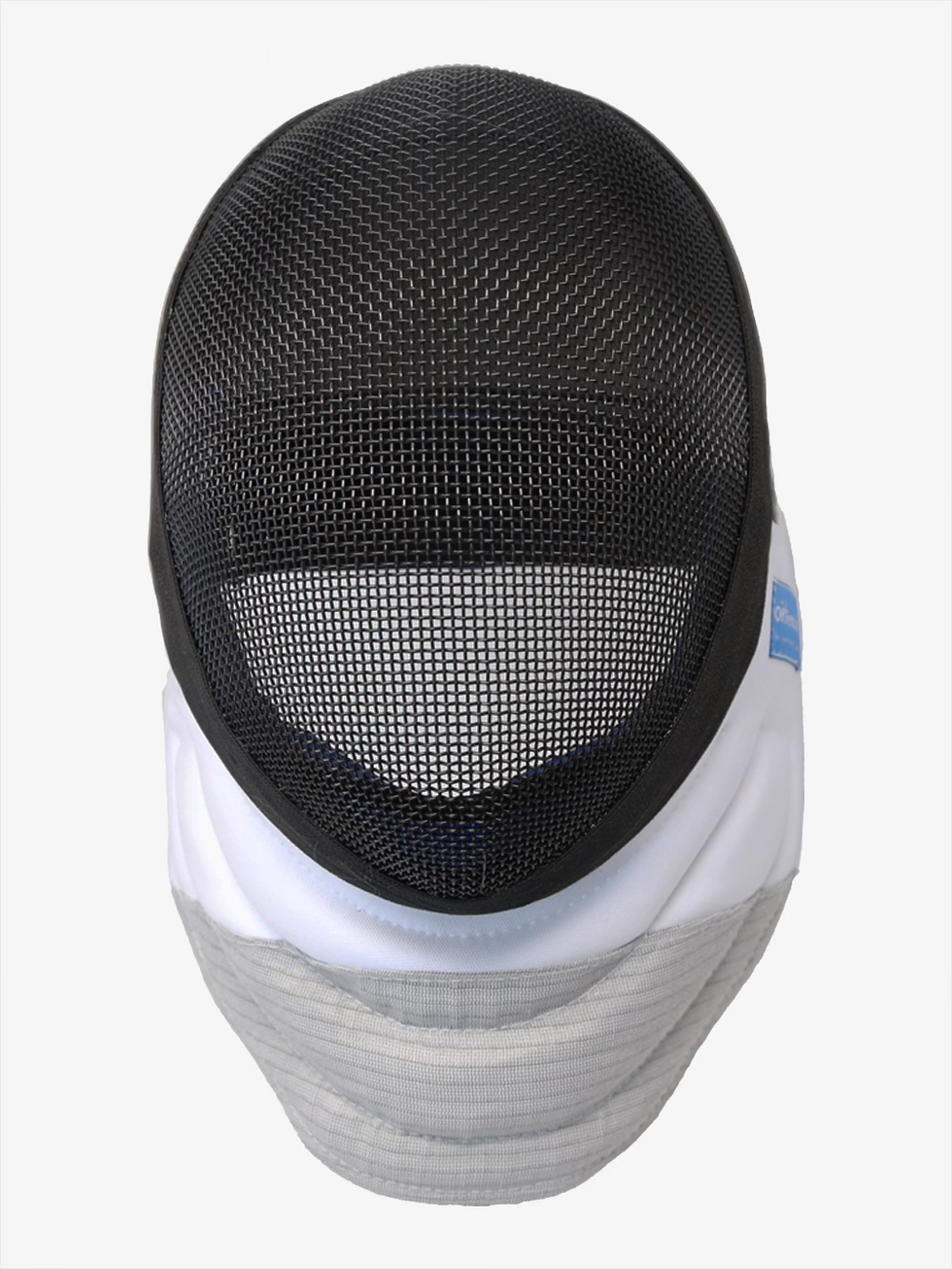 OK Fencing Foil Kids Mask 350NW front view with black mesh, white bib, and blue interior padding