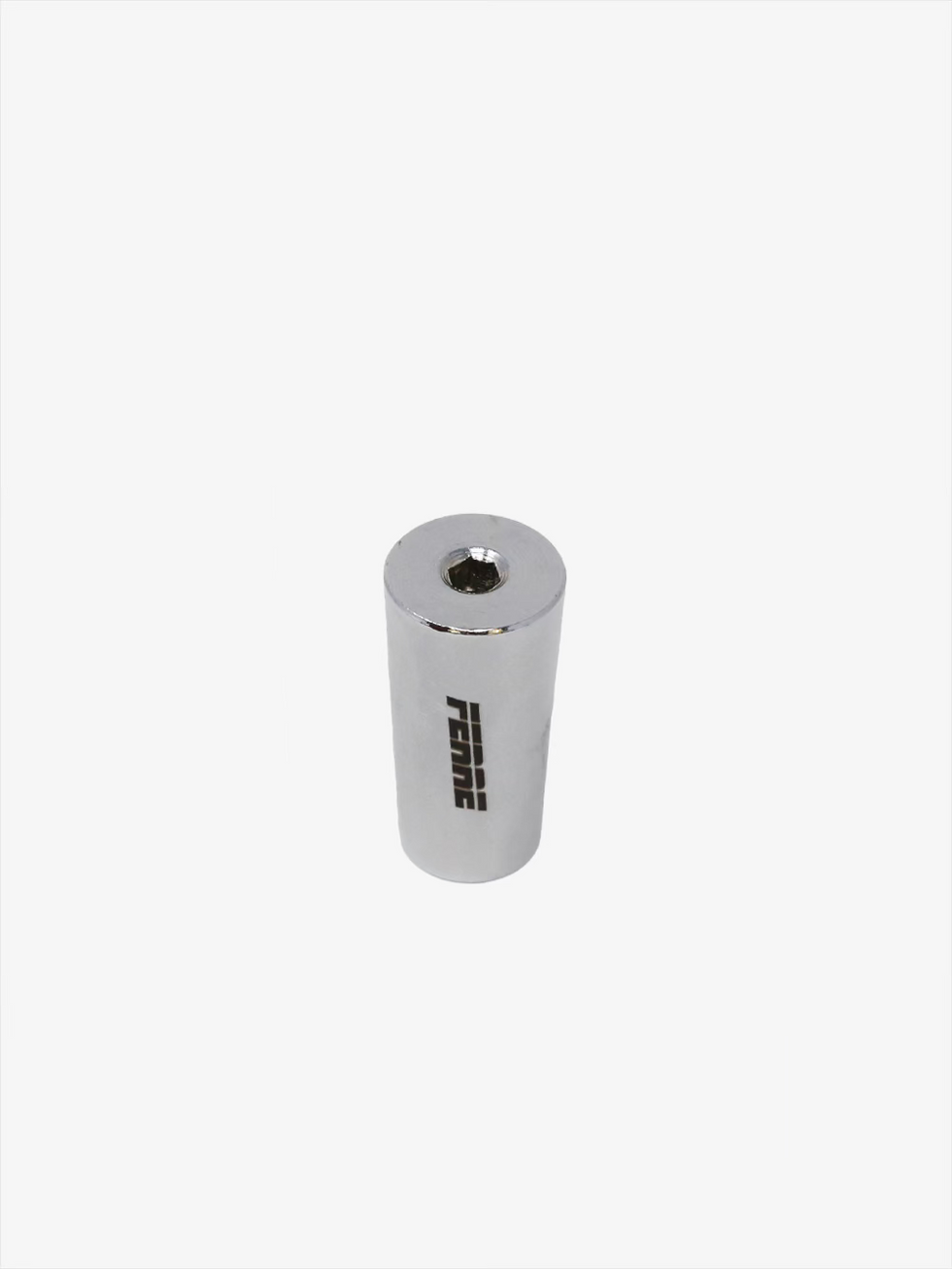Ferre Foil Pommel angled view showing 6 mm hex socket, notched top, silver steel finish, and Ferre logo
