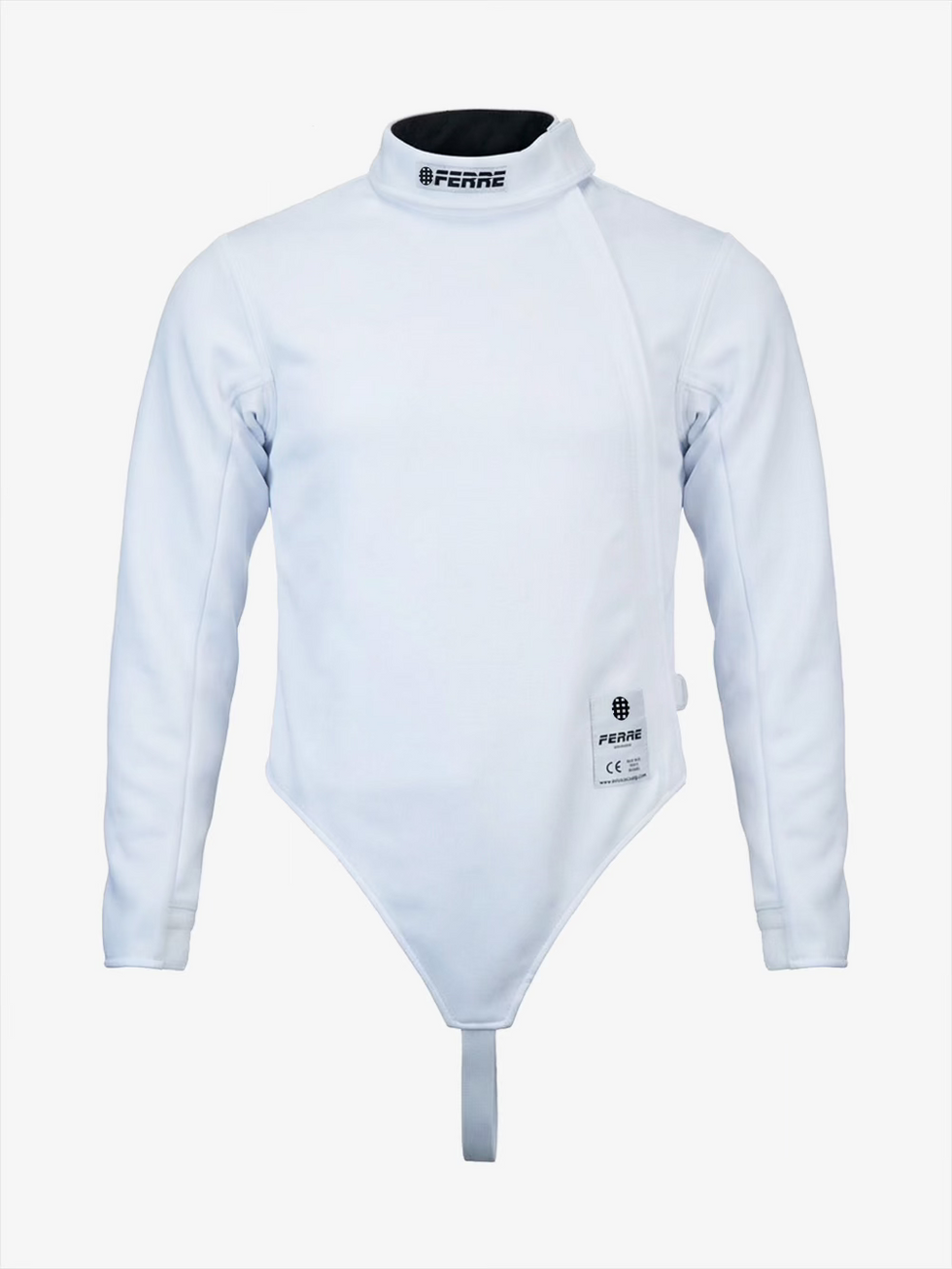Ferre Fencing Men Pro Jacket N600 front view with white protective fabric, high collar, and front label