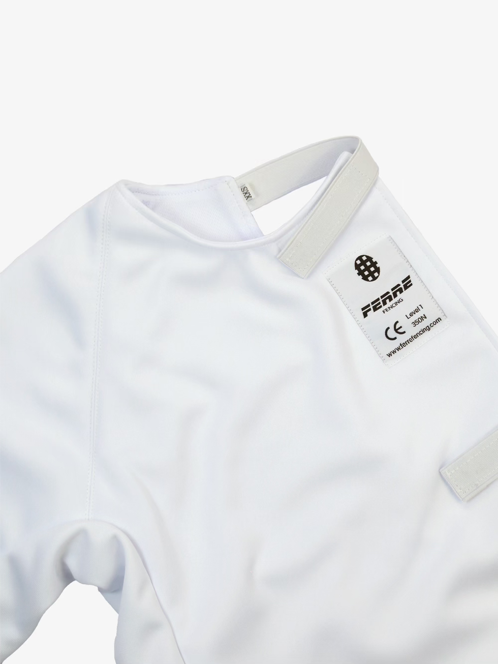 Ferre Fencing Kids Plastron Pro close-up showing collar, label, stitching, and closure strap