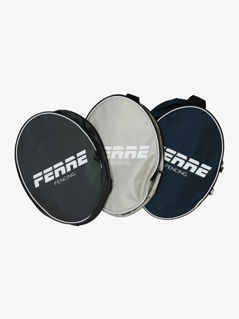Ferre Mask Bag color options in black, light gray, and navy with Ferre Fencing logos
