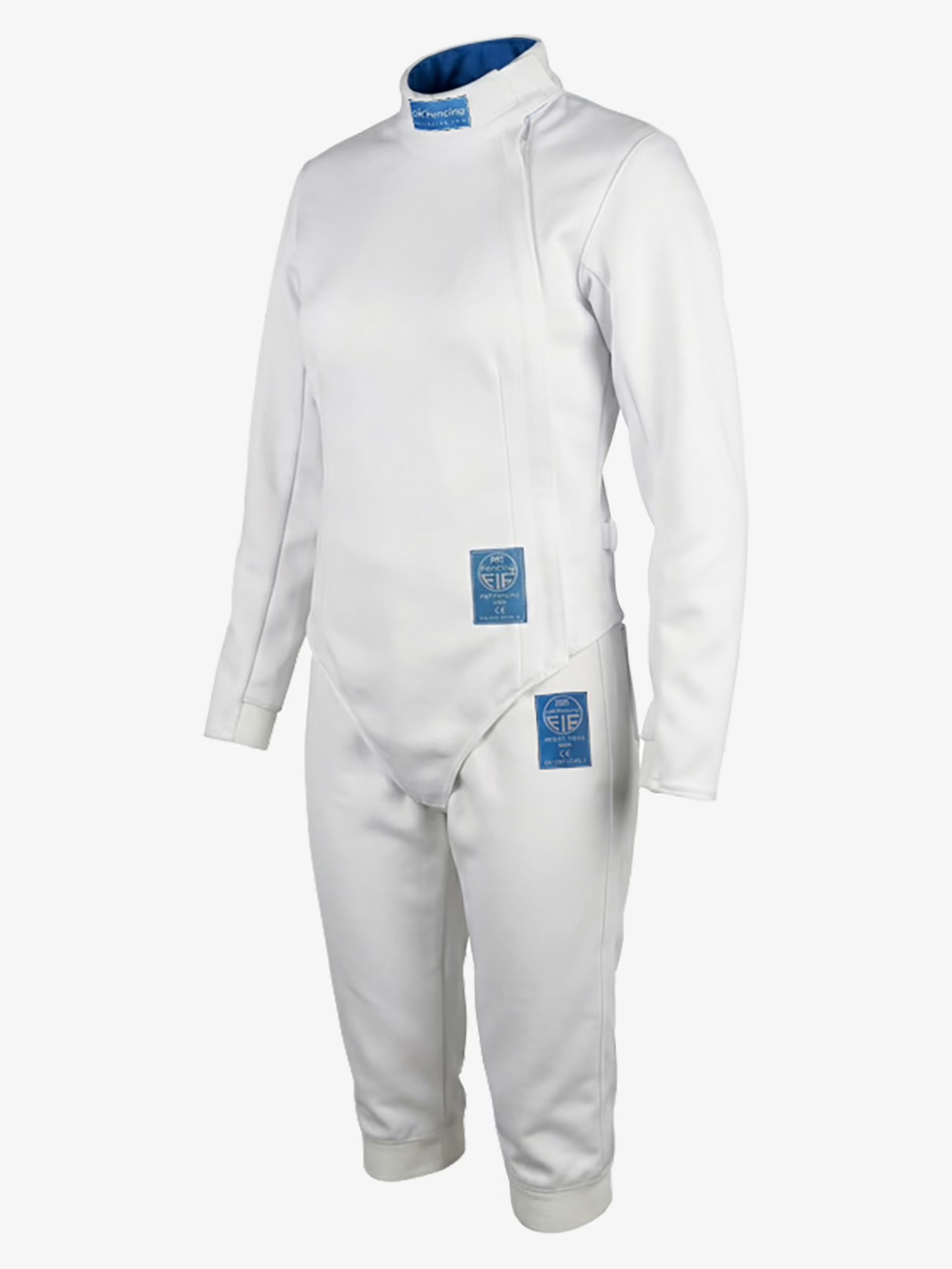 OK Fencing FIE Uniform Light white 800N jacket and breeches angled front view with blue neck lining