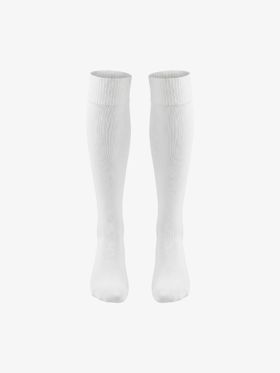 Fencing Socks White front view showing tall logo-free socks with ribbed cuffs and full lower-leg coverage