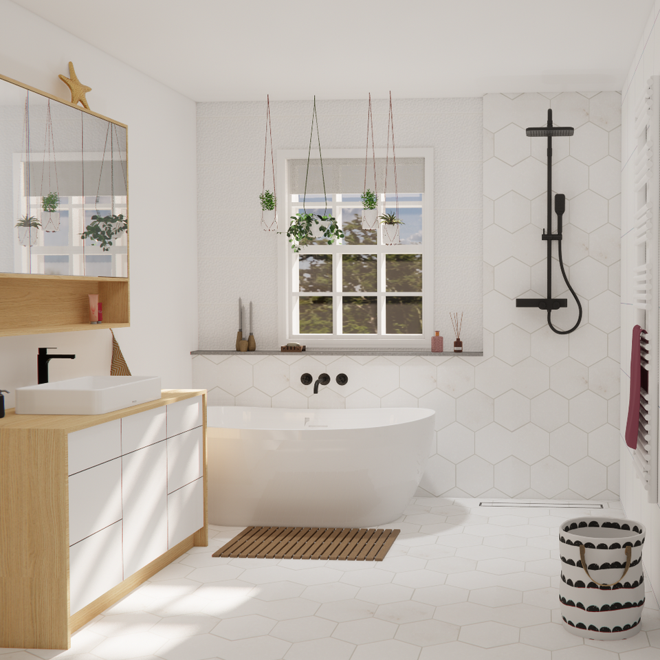 salle de bain, douche, douche sans vitre, salle de bain blanche, bain autoportant, douche sans porte.