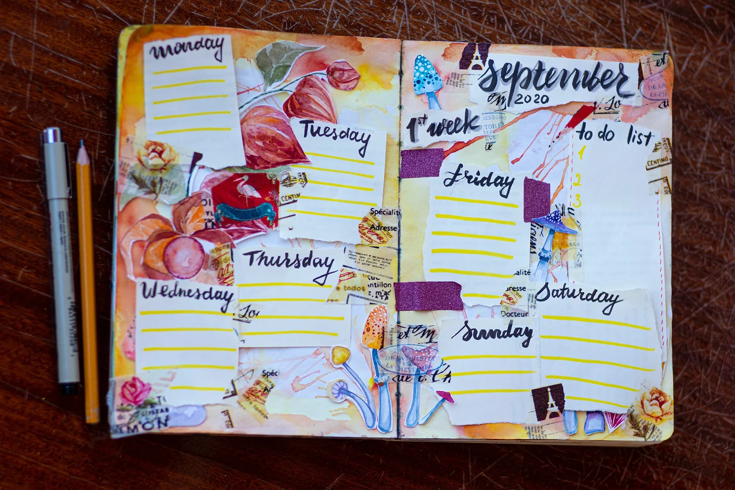 calendar and pens scrapbook pink and orange
