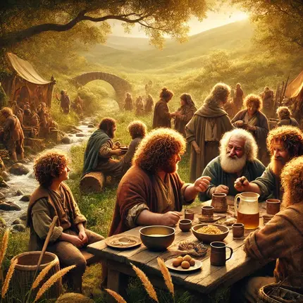 Group of halflings gathered at outdoor tables by a stream, eating and talking in the evening light.