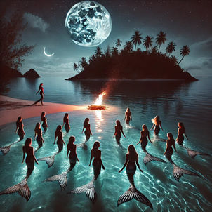 A group of mermaids swim toward a moonlit beach with a burning bonfire, as a large full moon glows above a tropical island in the background.