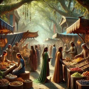 Elven marketplace with merchants and shoppers in robes surrounded by stalls of food and goods under forest trees.
