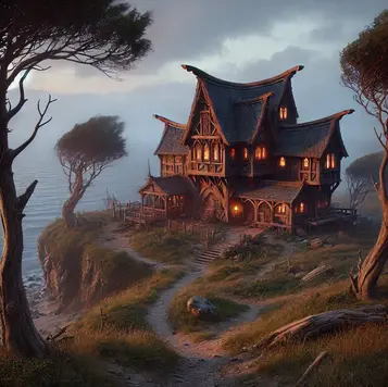 Mystical wooden tavern on a seaside cliff at dusk, lit from within and surrounded by wind-blown trees.