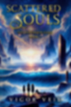 Scattered Souls book cover – The Powerless Gods Book 1 by Vigor Veil, ocean and four figures at sunset