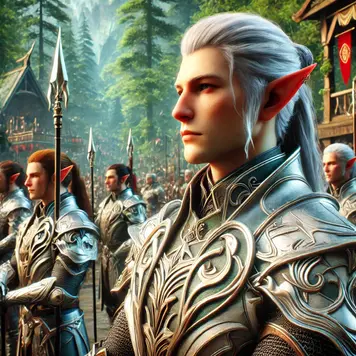 Elven guards in ornate silver armor standing in formation in a forest city setting.