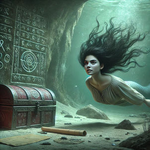 A young mermaid swims inside a submerged stone chamber, where glowing symbols are carved into the wall beside an ornate red chest. Light filters through the water, illuminating scrolls and scattered debris on the sandy floor.