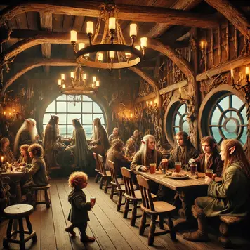 Interior of a fantasy tavern with elf shape-shifters and halflings seated around wooden tables, lit by candles and sea-facing windows.