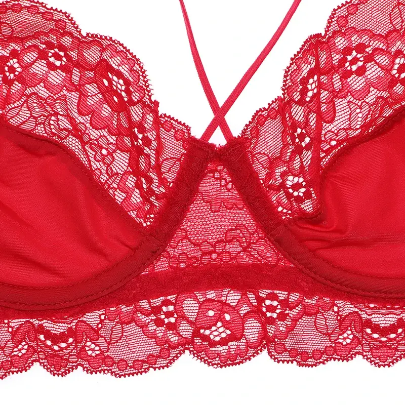 Thumbnail: Unlined 3/4 Cup Underwear Floral Lace 3 Pcs Bras+high-Waist Panties+thongs