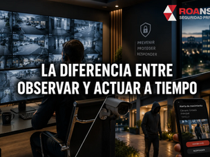Centro de monitoreo de videovigilancia con operador supervisando múltiples cámaras en tiempo real, mientras una alerta de seguridad muestra la rápida respuesta ante un intento de intrusión en una empresa.