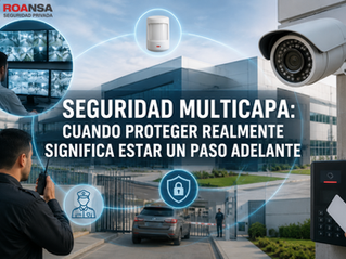 Imagen de una empresa protegida mediante una estrategia de seguridad multicapa, donde se integran cámaras CCTV, monitoreo, control de accesos y personal de seguridad para prevenir riesgos y responder de forma coordinada. En el centro aparece el título: “SEGURIDAD MULTICAPA: CUANDO PROTEGER REALMENTE SIGNIFICA ESTAR UN PASO ADELANTE”.