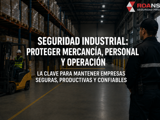 Guardia de seguridad supervisando un almacén industrial con mercancía protegida y operación segura en una empresa de México.