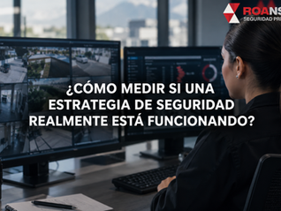 Mujer supervisando cámaras de vigilancia y métricas de seguridad desde un centro de monitoreo, con pantallas de videovigilancia y análisis de datos al fondo.