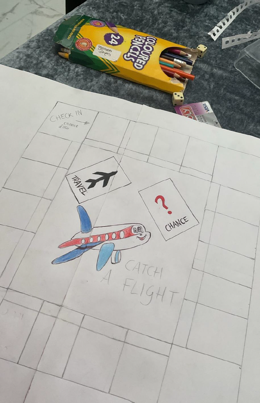 Photograph of a sketched out board with drawing materisl behind. The sketch shows a smiling plane with spaces for travel and chance cards and the name Catch a Flight.