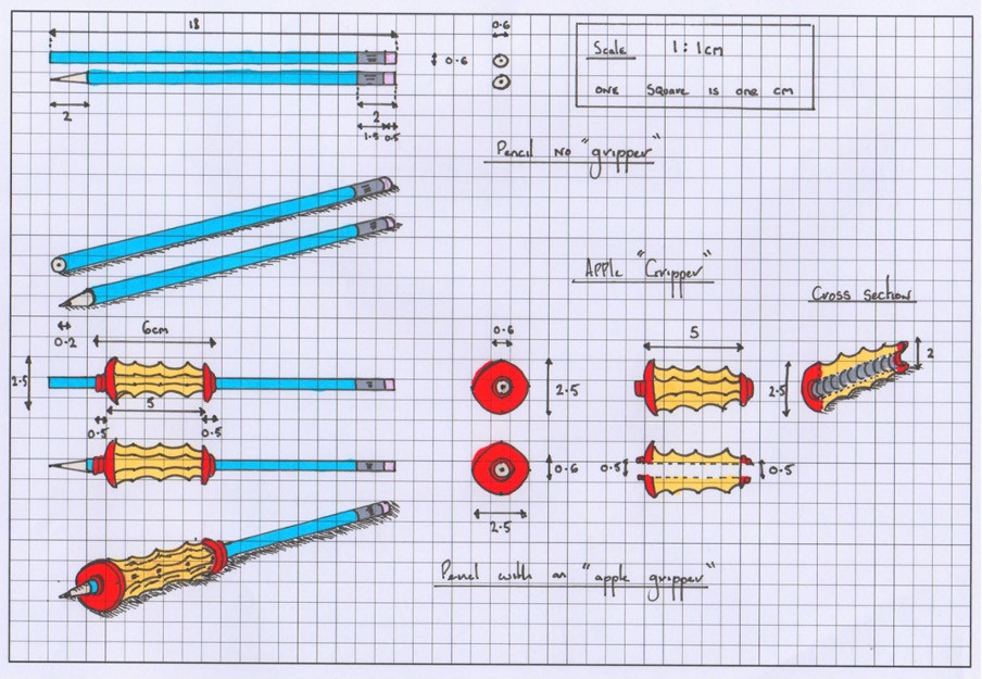 A dimensioned drawing on squared paper showing the pencil gripper which looks like an eaten apple core. 