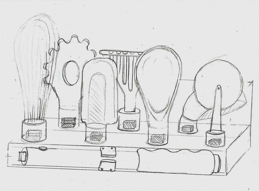 Kitchen utensil sketches on display
