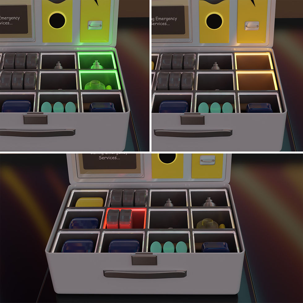 Open case with color-coded compartments