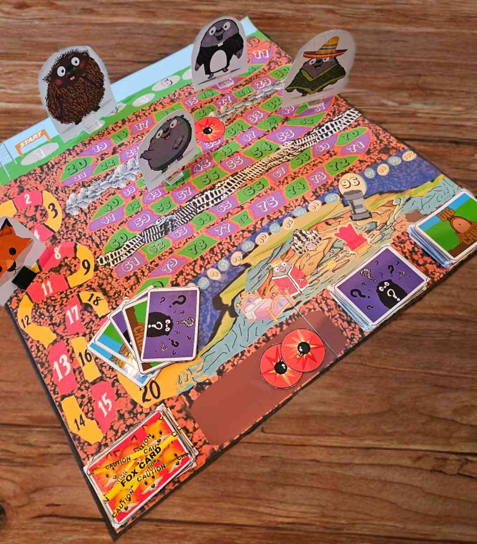 A colorful board game featuring moles; game pieces, cards, and board