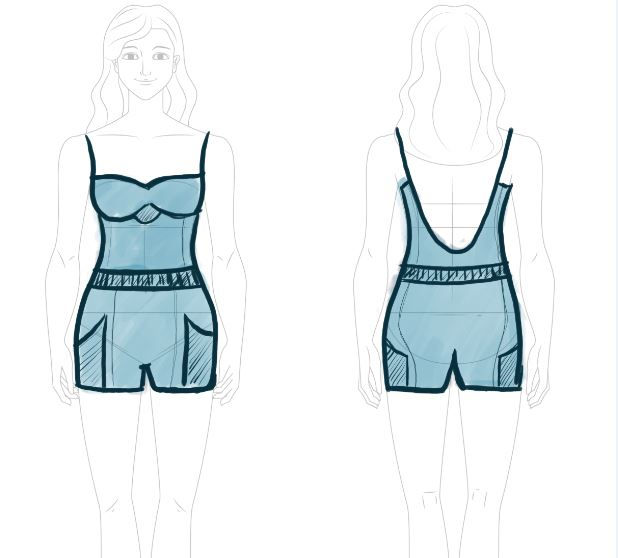 Front and back views of a light blue women's jumpsuit design
