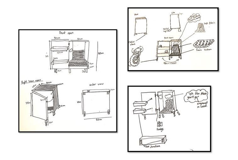 Hand-drawn design sketches: mobile shelving unit