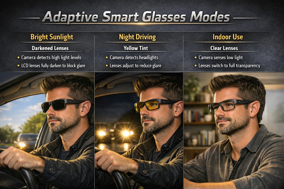 Digital realisation showing three modes of the smart glasses with someone wearing them when driving. Firstly bright sunlight with the lenses darkened. Text reads Camera detects high light levels, LCD lenses fully darken to block glare. Secondly, night driving, yellow tint, camera detects headlights, adjusts lenses to reduce glare. Thirdly indoor use clear lenses, camera senses low light, lenses switch to full transparency.