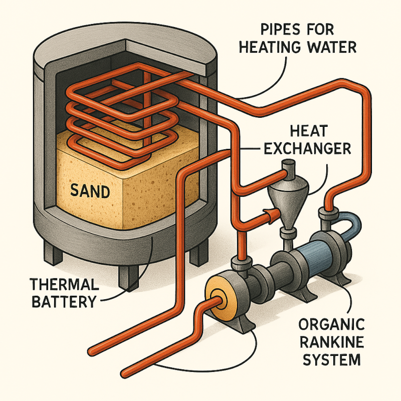 Diagram: Thermal battery, heat exchanger, pipes for heating water, and organic Rankine system