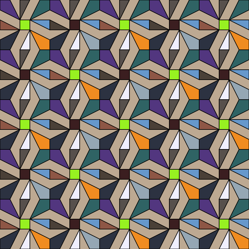 Image of the final design, beige 'sails' join together on a baground of purples, orange, blue brown, black and green filling in the gaps. 