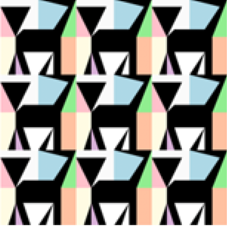 Image of design showing a stylised black cat with a triangular head agaist pastel coloured rectabgles.