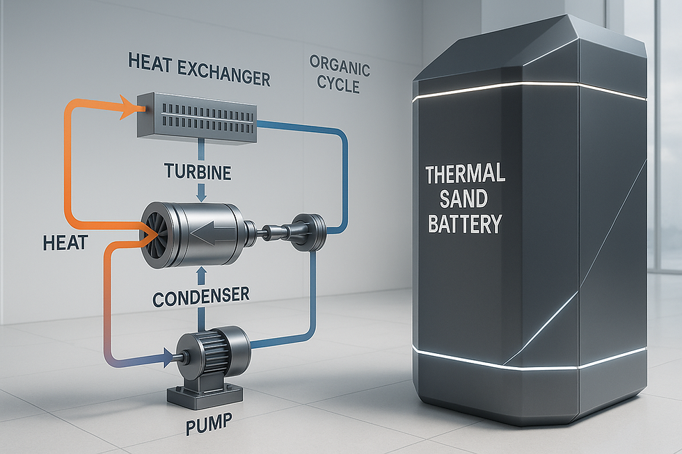 Diagram showing Thermal Sand Battery system: heat exchanger, turbine, condenser, pump, organic cycle
