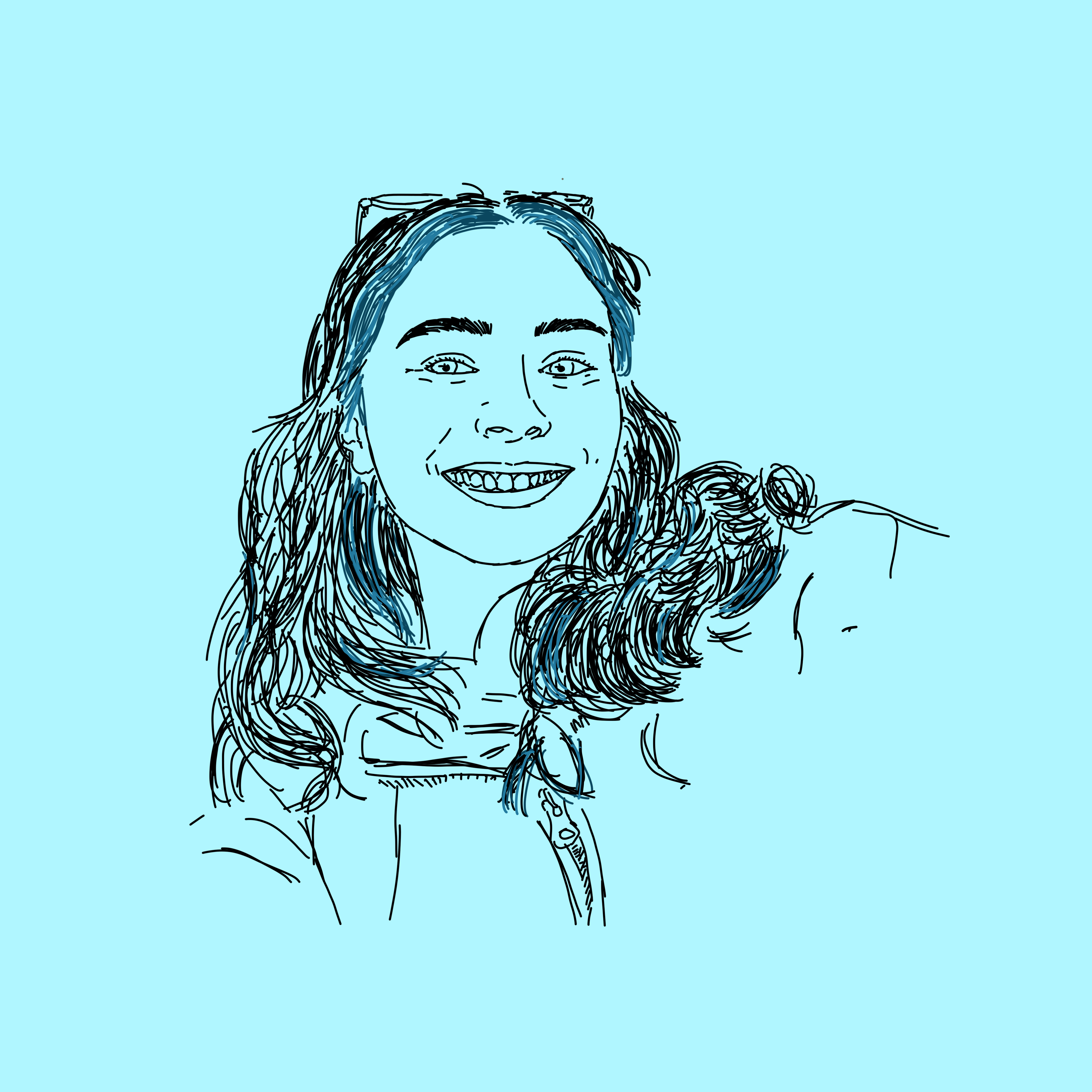 Smiling woman's sketch, blue tones