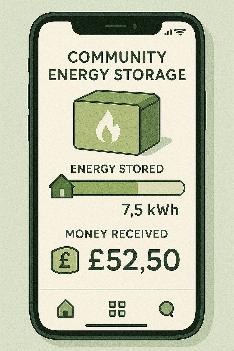 Community Energy Storage app: 7.5 kWh energy stored, £52.50 received