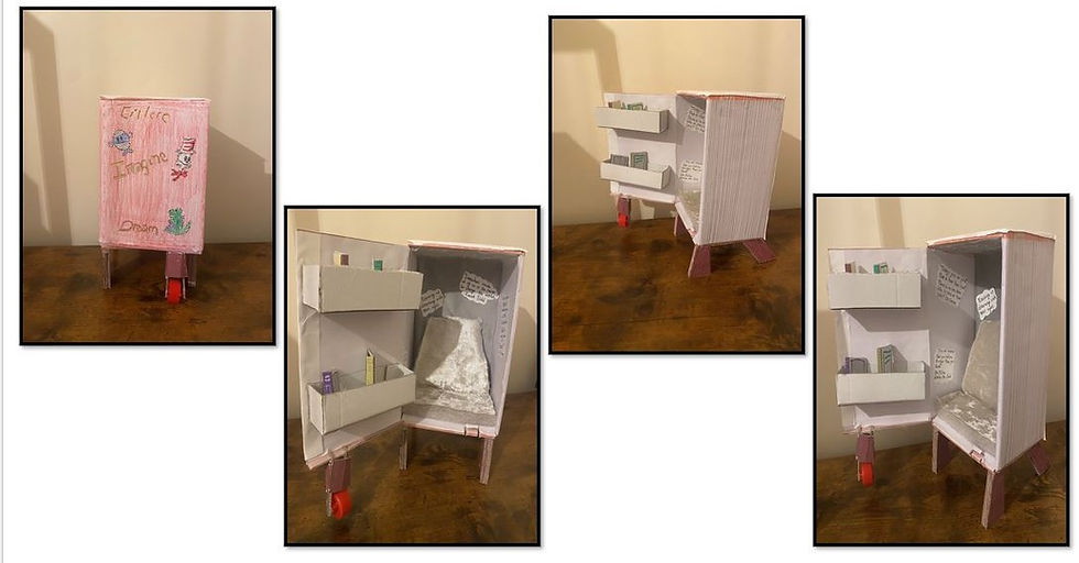 Four photos of a miniature refrigerator model