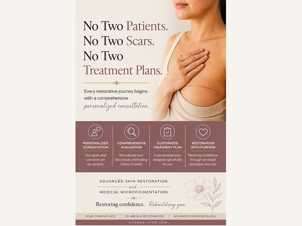 Personalized skin restoration treatment plan for scar camouflage, medical micropigmentation, 3D areola restoration, and advanced microneedling at COSMED-TTOO