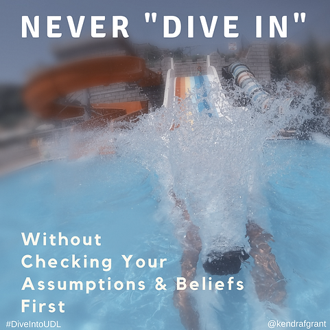 Person diving into the water from water slide at an amusement park. Text reads: Never "dive in" without checking your assumpions and beliefs first.