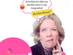 Vrouw met geïrriteerd gezicht met daarboven een gedachtenwolk met "ik ben klaar met altijd maar diezelfde content in mijn instagramfeed"