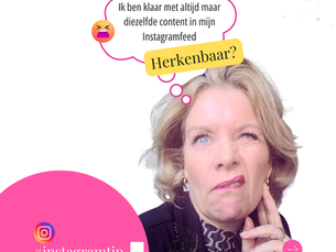 Vrouw met geïrriteerd gezicht met daarboven een gedachtenwolk met "ik ben klaar met altijd maar diezelfde content in mijn instagramfeed"